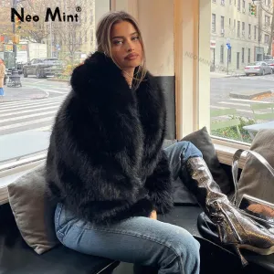 Neo Mint Street Fashion Shawl Collar Faux Fox Fur Coat Women  Winter Cool Girls Black Short Fur Jacket Vintage Chic Overcoat