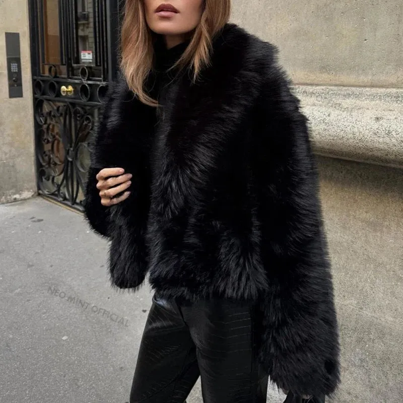 Neo Mint Street Fashion Shawl Collar Faux Fox Fur Coat Women  Winter Cool Girls Black Short Fur Jacket Vintage Chic Overcoat