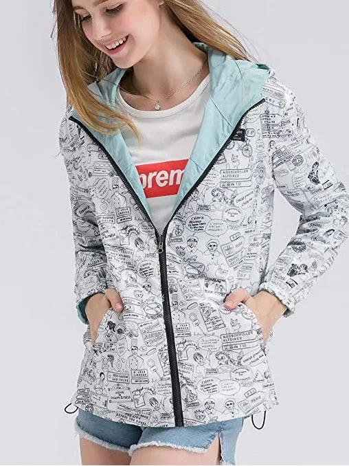 New Womens Windbreaker Hooded Jackets Lightweight Solid/Printed Reversible Windproof Coats Casual Outdoor Anoraks