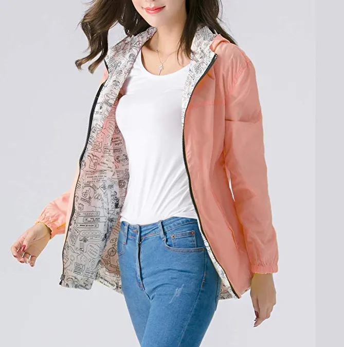New Womens Windbreaker Hooded Jackets Lightweight Solid/Printed Reversible Windproof Coats Casual Outdoor Anoraks