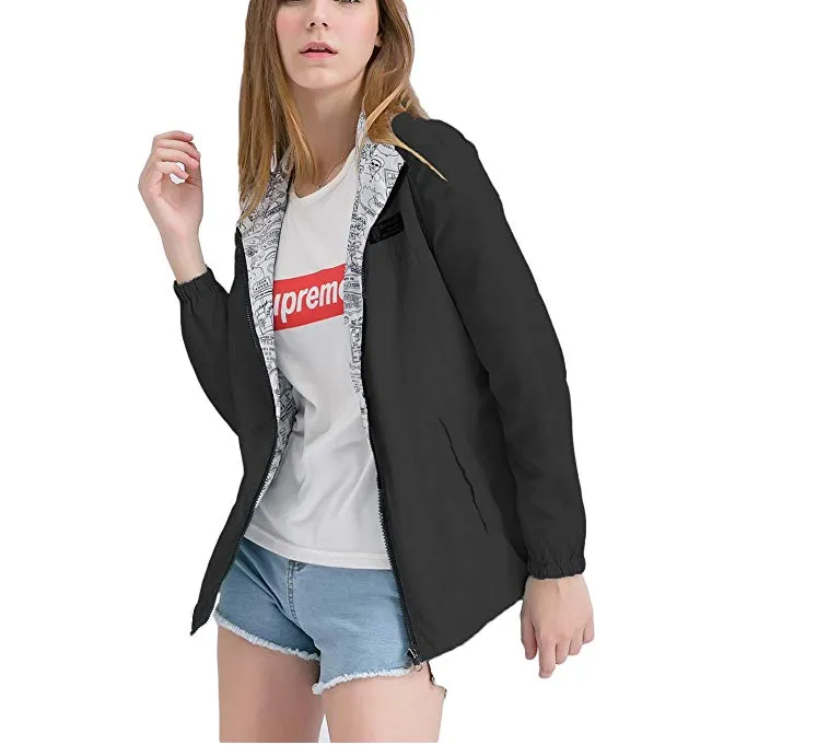 New Womens Windbreaker Hooded Jackets Lightweight Solid/Printed Reversible Windproof Coats Casual Outdoor Anoraks