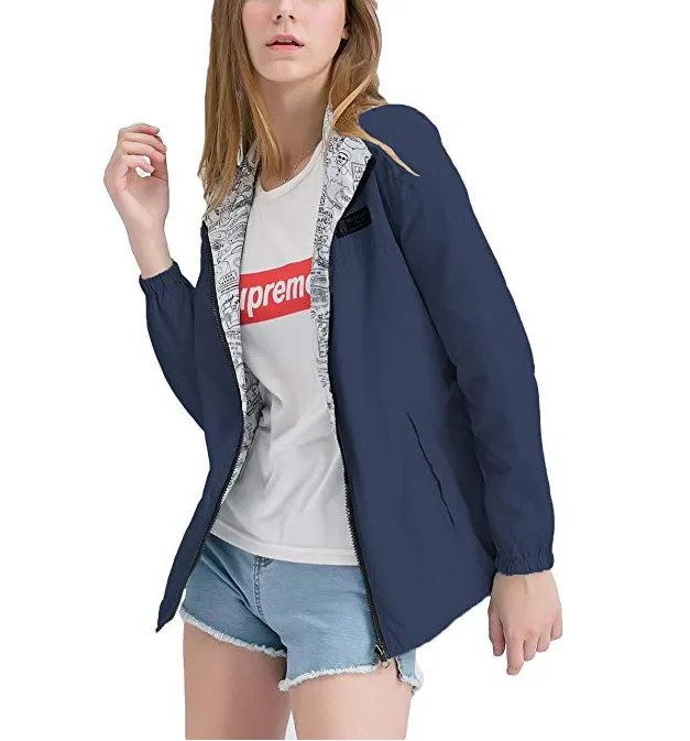 New Womens Windbreaker Hooded Jackets Lightweight Solid/Printed Reversible Windproof Coats Casual Outdoor Anoraks