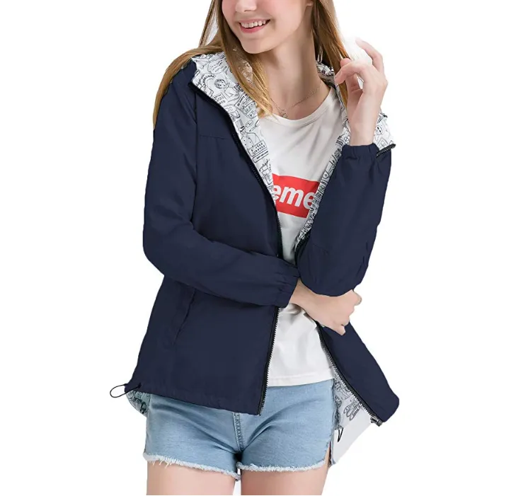 New Womens Windbreaker Hooded Jackets Lightweight Solid/Printed Reversible Windproof Coats Casual Outdoor Anoraks