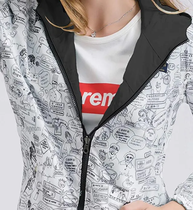 New Womens Windbreaker Hooded Jackets Lightweight Solid/Printed Reversible Windproof Coats Casual Outdoor Anoraks
