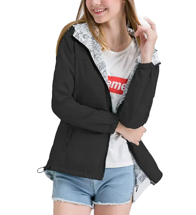 New Womens Windbreaker Hooded Jackets Lightweight Solid/Printed Reversible Windproof Coats Casual Outdoor Anoraks