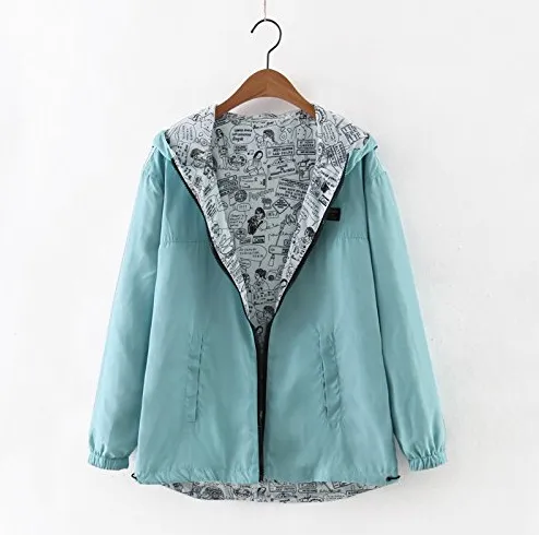 New Womens Windbreaker Hooded Jackets Lightweight Solid/Printed Reversible Windproof Coats Casual Outdoor Anoraks