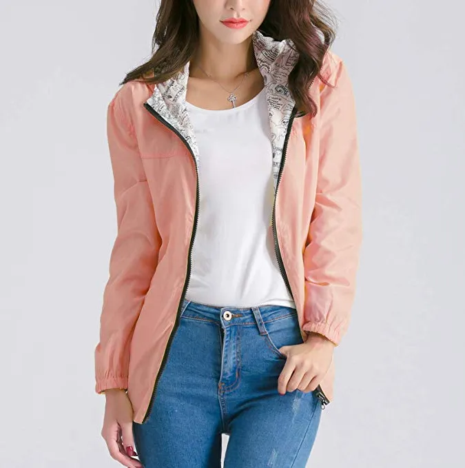 New Womens Windbreaker Hooded Jackets Lightweight Solid/Printed Reversible Windproof Coats Casual Outdoor Anoraks