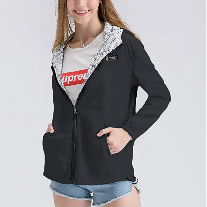 New Womens Windbreaker Hooded Jackets Lightweight Solid/Printed Reversible Windproof Coats Casual Outdoor Anoraks