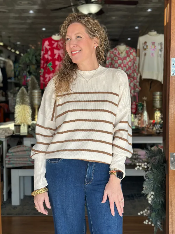 Oatmeal   Cinnamon Striped Mock Neck Sweater