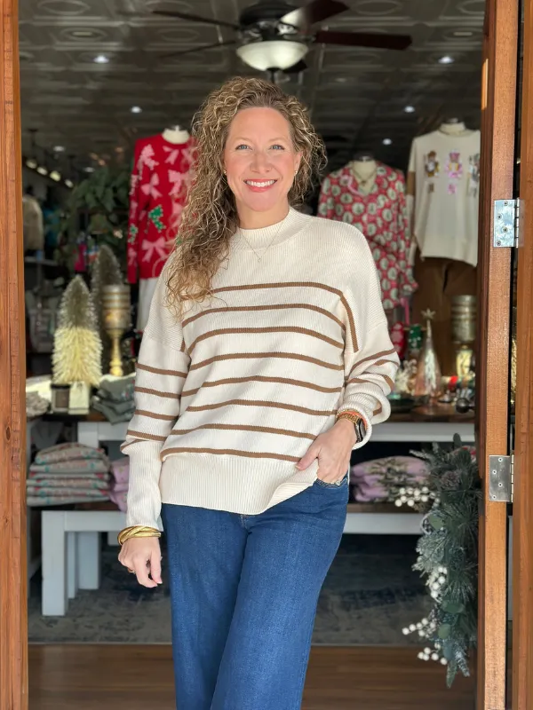 Oatmeal   Cinnamon Striped Mock Neck Sweater