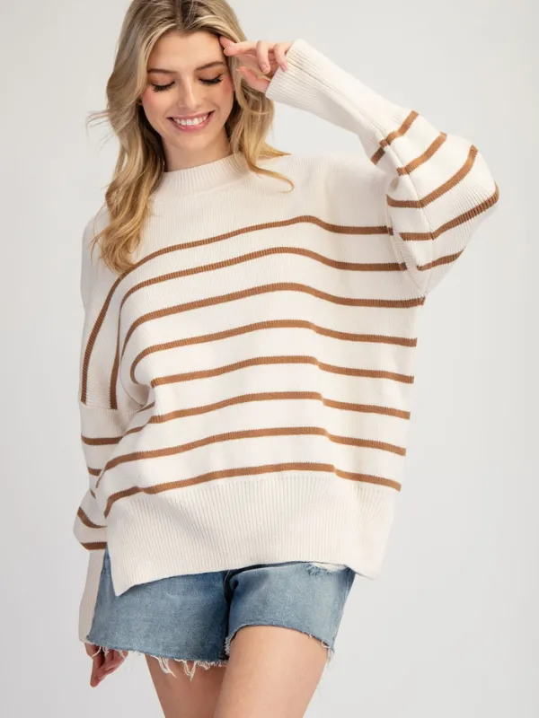 Oatmeal   Cinnamon Striped Mock Neck Sweater