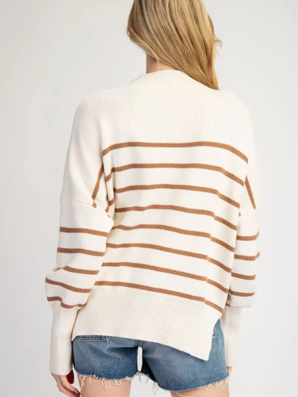 Oatmeal   Cinnamon Striped Mock Neck Sweater