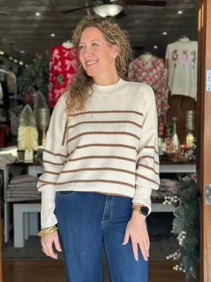 Oatmeal   Cinnamon Striped Mock Neck Sweater