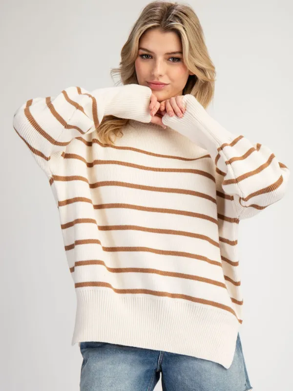 Oatmeal   Cinnamon Striped Mock Neck Sweater