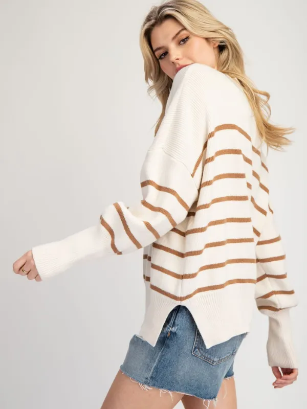 Oatmeal   Cinnamon Striped Mock Neck Sweater