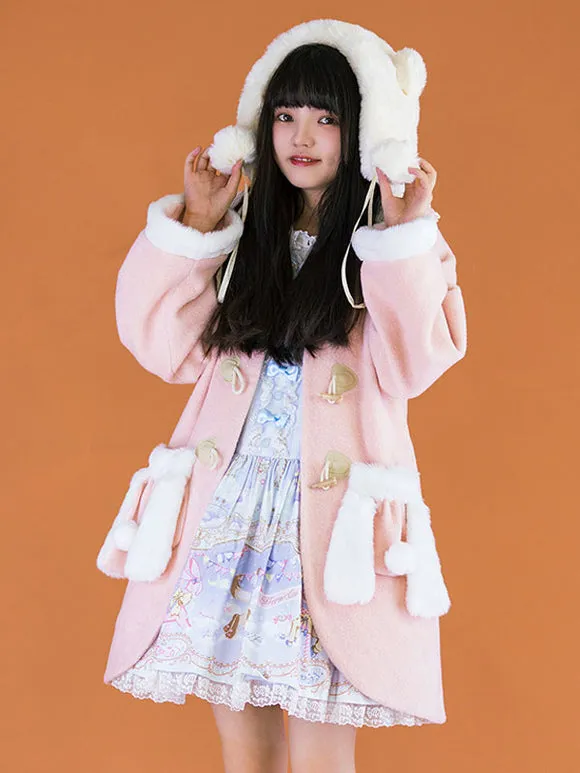 Pink Lolita Coats Lace Pom Poms Polyester Overcoat Color Block Winter Lolita Outwears