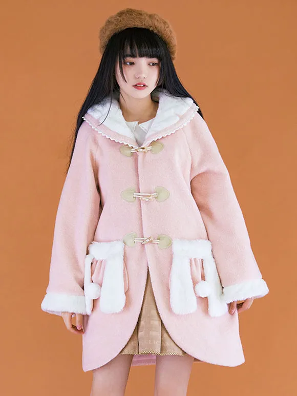 Pink Lolita Coats Lace Pom Poms Polyester Overcoat Color Block Winter Lolita Outwears