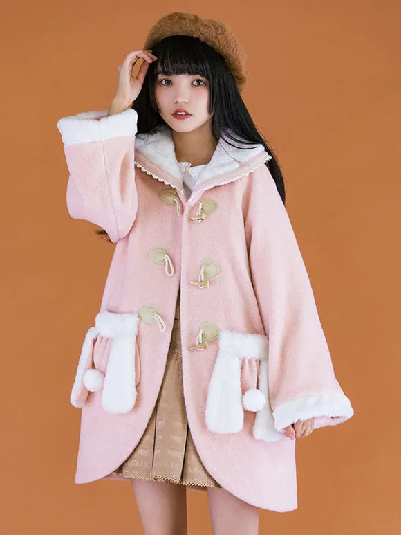 Pink Lolita Coats Lace Pom Poms Polyester Overcoat Color Block Winter Lolita Outwears