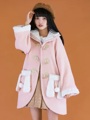 Pink Lolita Coats Lace Pom Poms Polyester Overcoat Color Block Winter Lolita Outwears