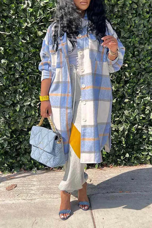 Plaid Lapel Button Up Outerwear