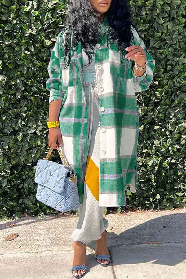 Plaid Lapel Button Up Outerwear