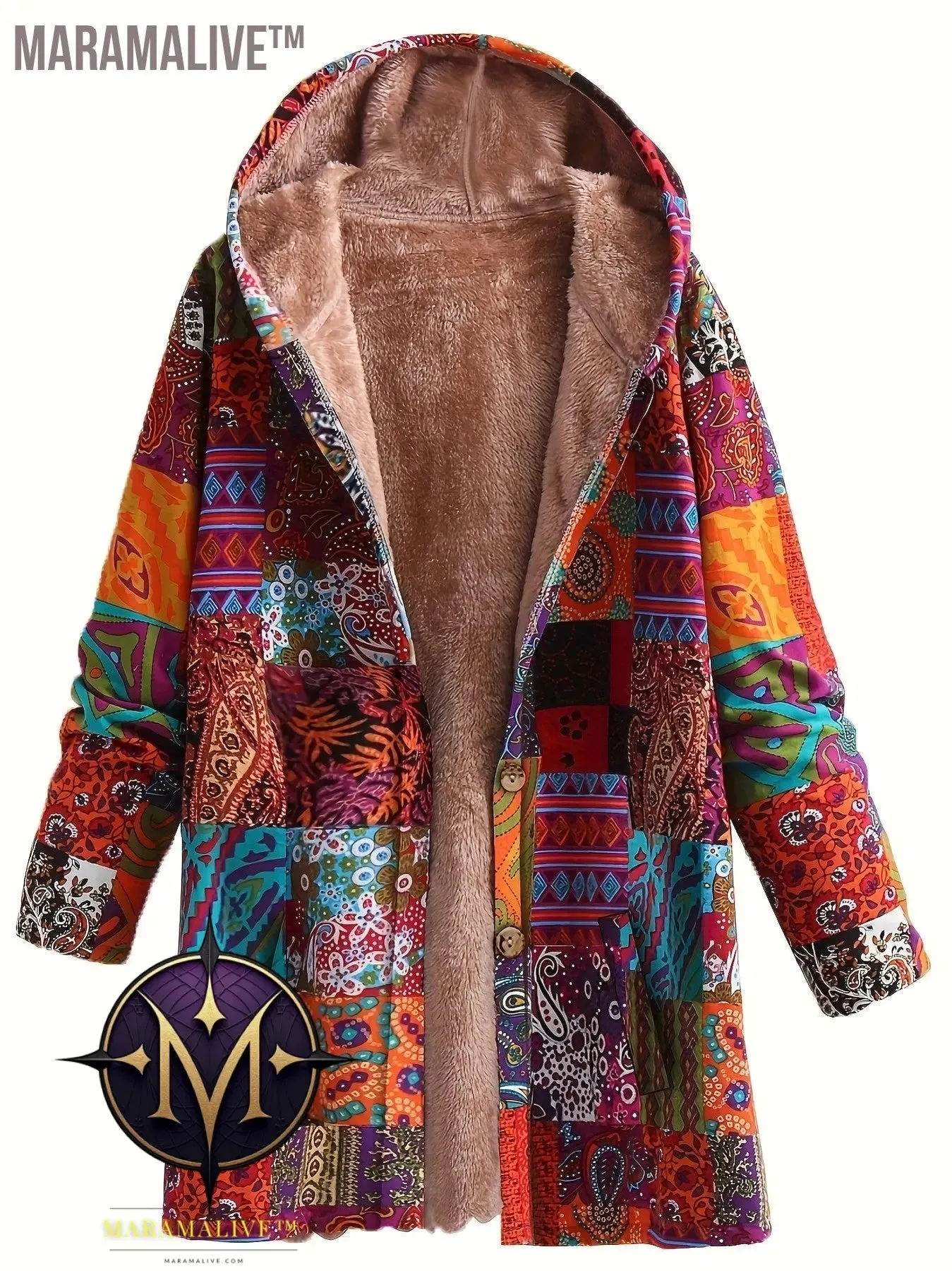 Plus Size Boho Coat, Women's Plus Patchwork Print Liner Fleece Long Sleeve Button Up Hooded Tunic Coat With Pockets