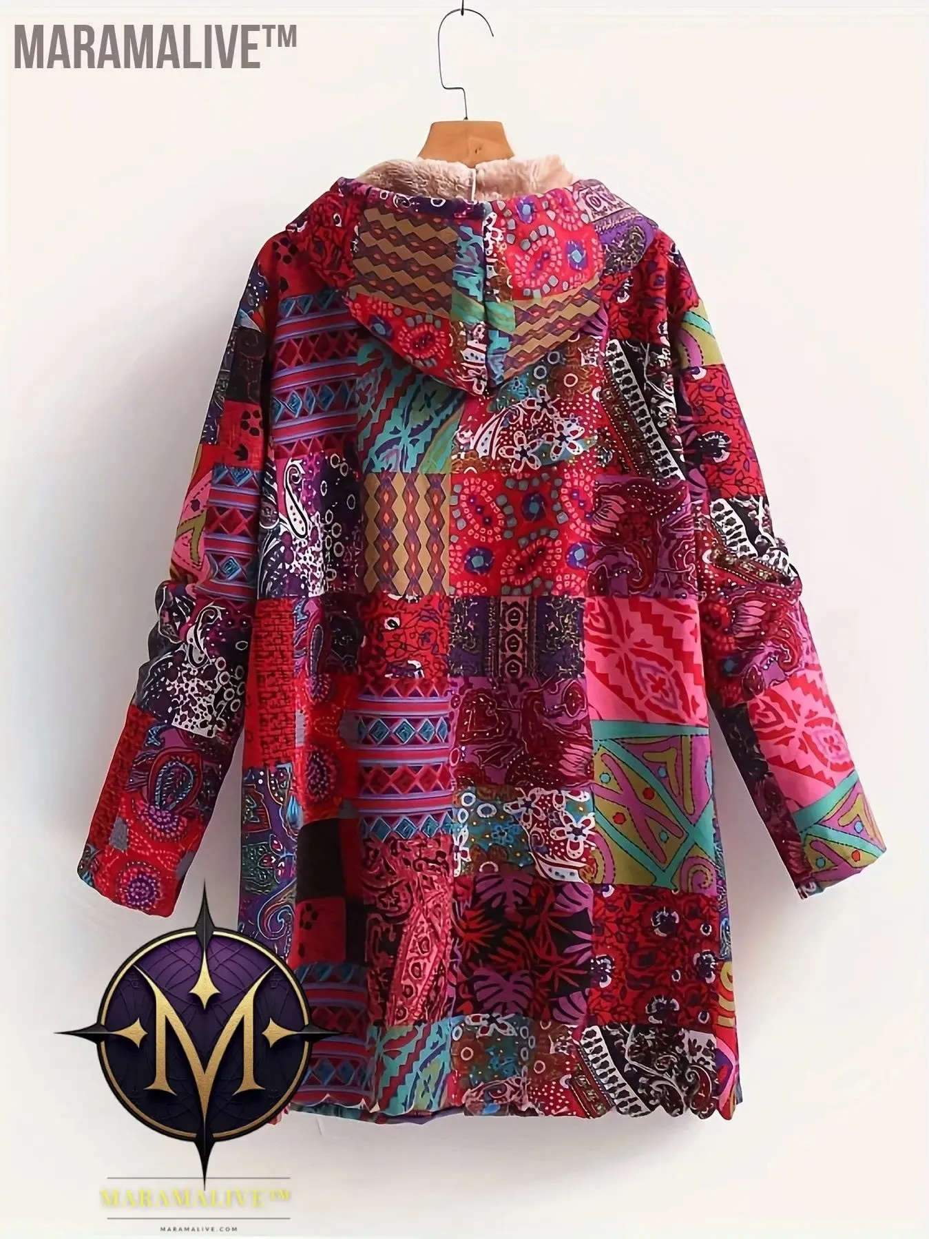 Plus Size Boho Coat, Women's Plus Patchwork Print Liner Fleece Long Sleeve Button Up Hooded Tunic Coat With Pockets