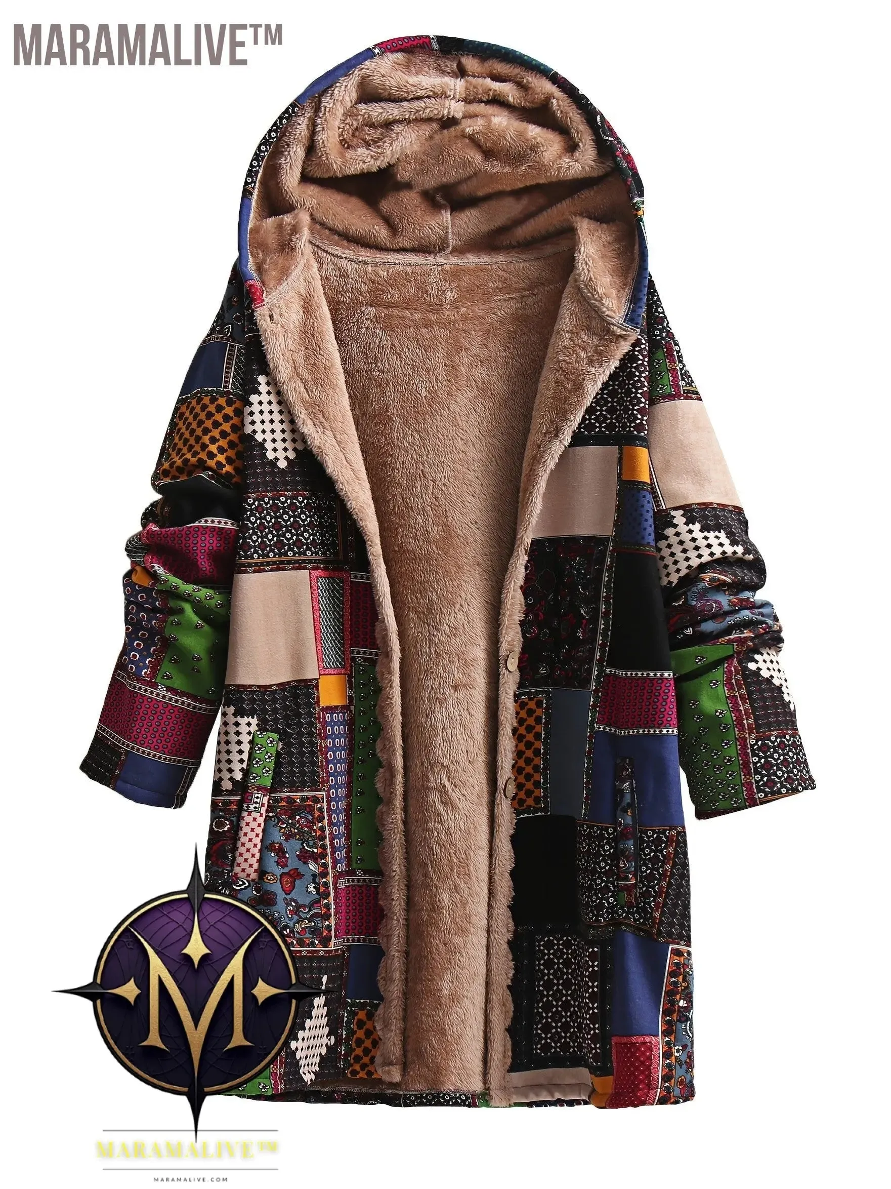 Plus Size Boho Coat, Women's Plus Patchwork Print Liner Fleece Long Sleeve Button Up Hooded Tunic Coat With Pockets