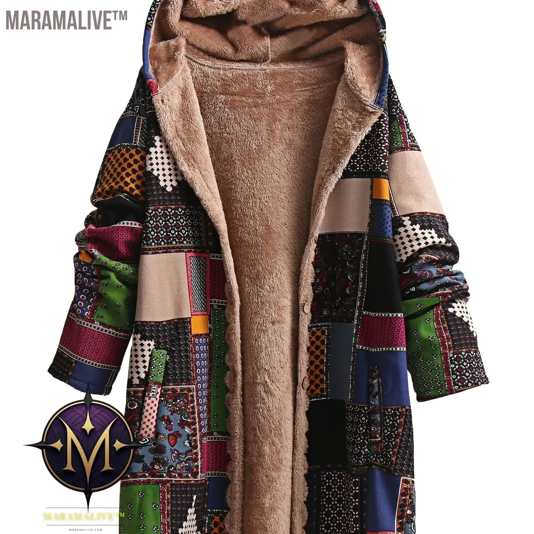 Plus Size Boho Coat, Women's Plus Patchwork Print Liner Fleece Long Sleeve Button Up Hooded Tunic Coat With Pockets