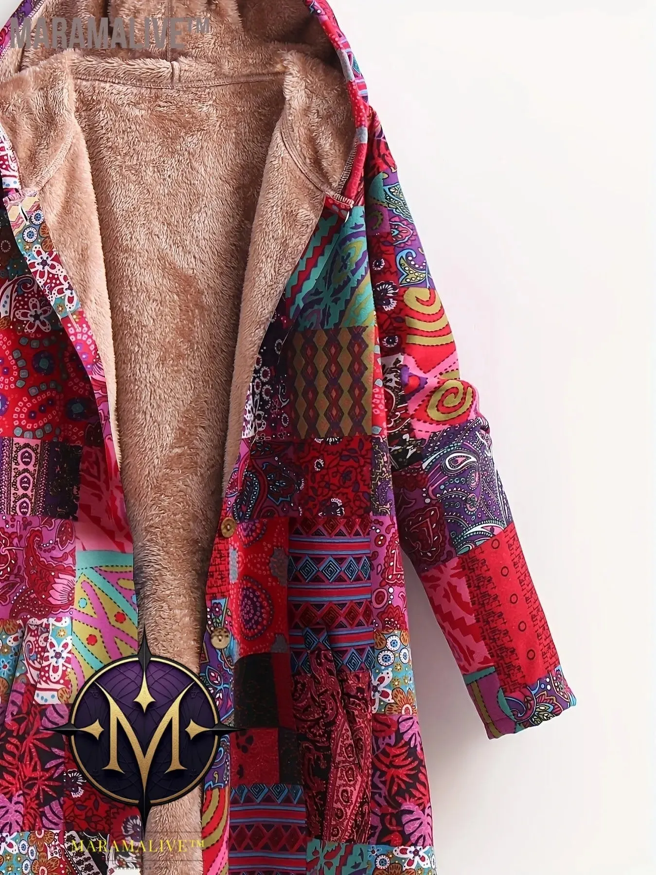 Plus Size Boho Coat, Women's Plus Patchwork Print Liner Fleece Long Sleeve Button Up Hooded Tunic Coat With Pockets