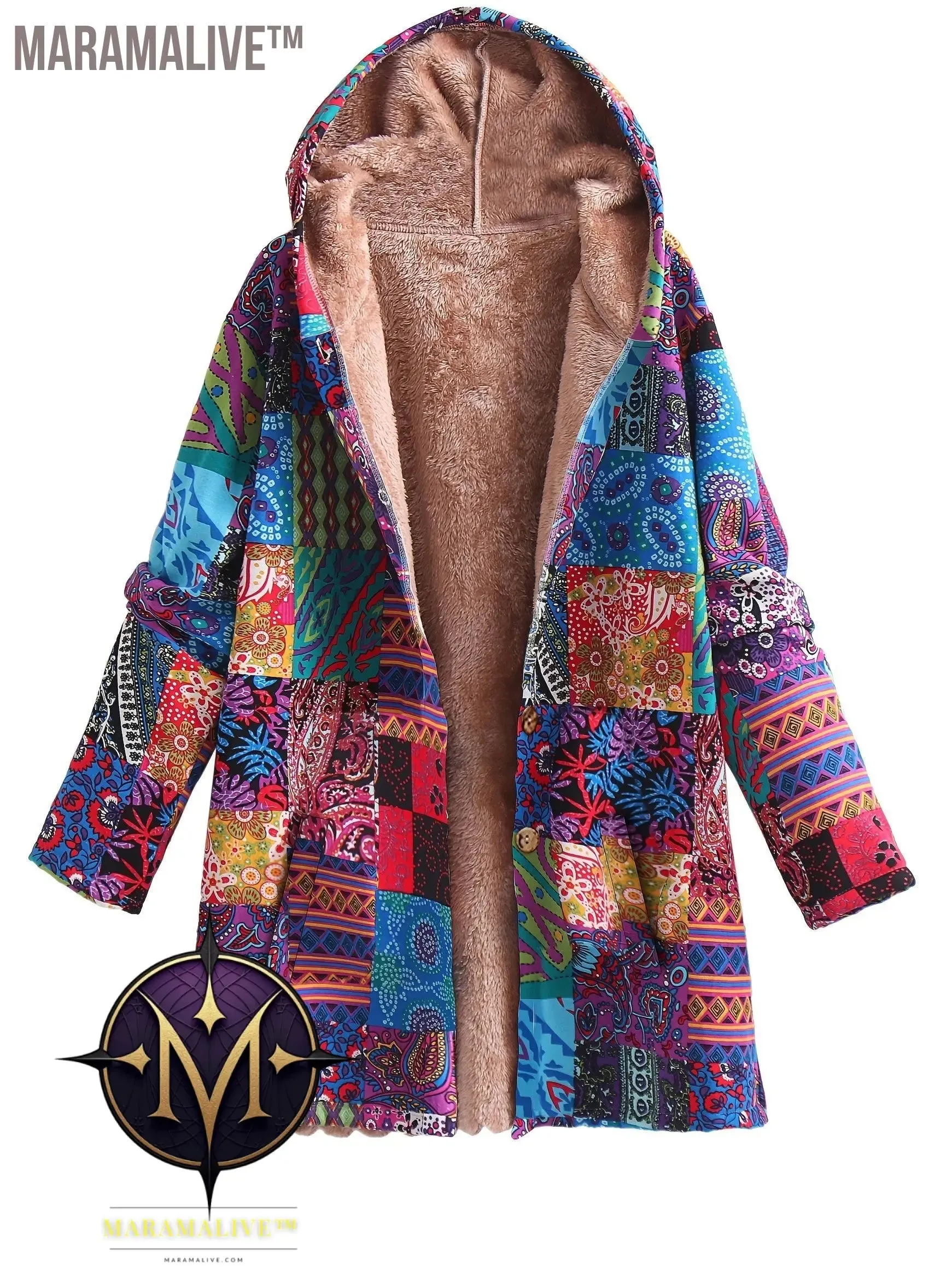 Plus Size Boho Coat, Women's Plus Patchwork Print Liner Fleece Long Sleeve Button Up Hooded Tunic Coat With Pockets
