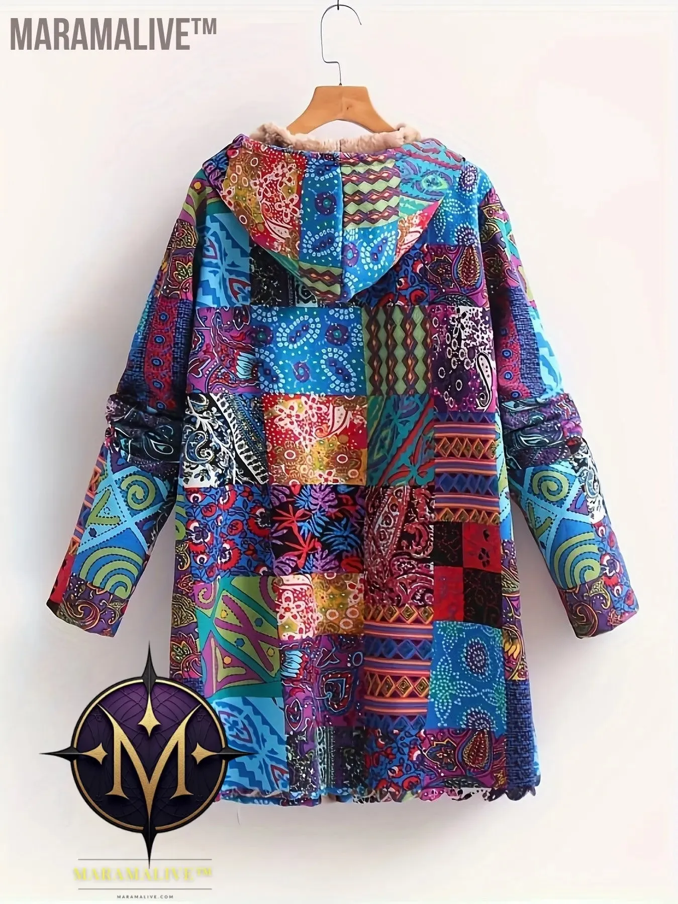 Plus Size Boho Coat, Women's Plus Patchwork Print Liner Fleece Long Sleeve Button Up Hooded Tunic Coat With Pockets
