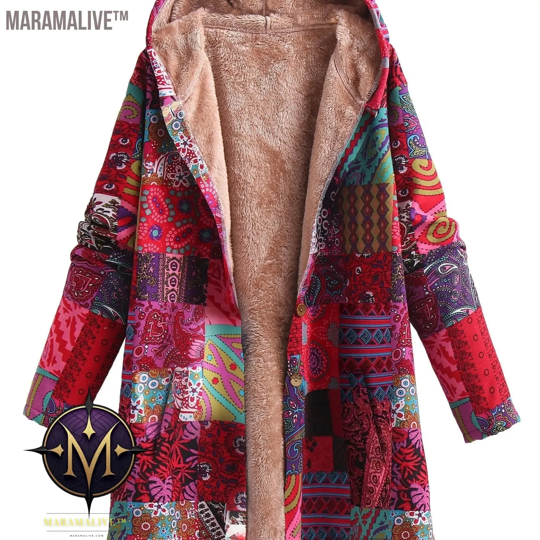 Plus Size Boho Coat, Women's Plus Patchwork Print Liner Fleece Long Sleeve Button Up Hooded Tunic Coat With Pockets
