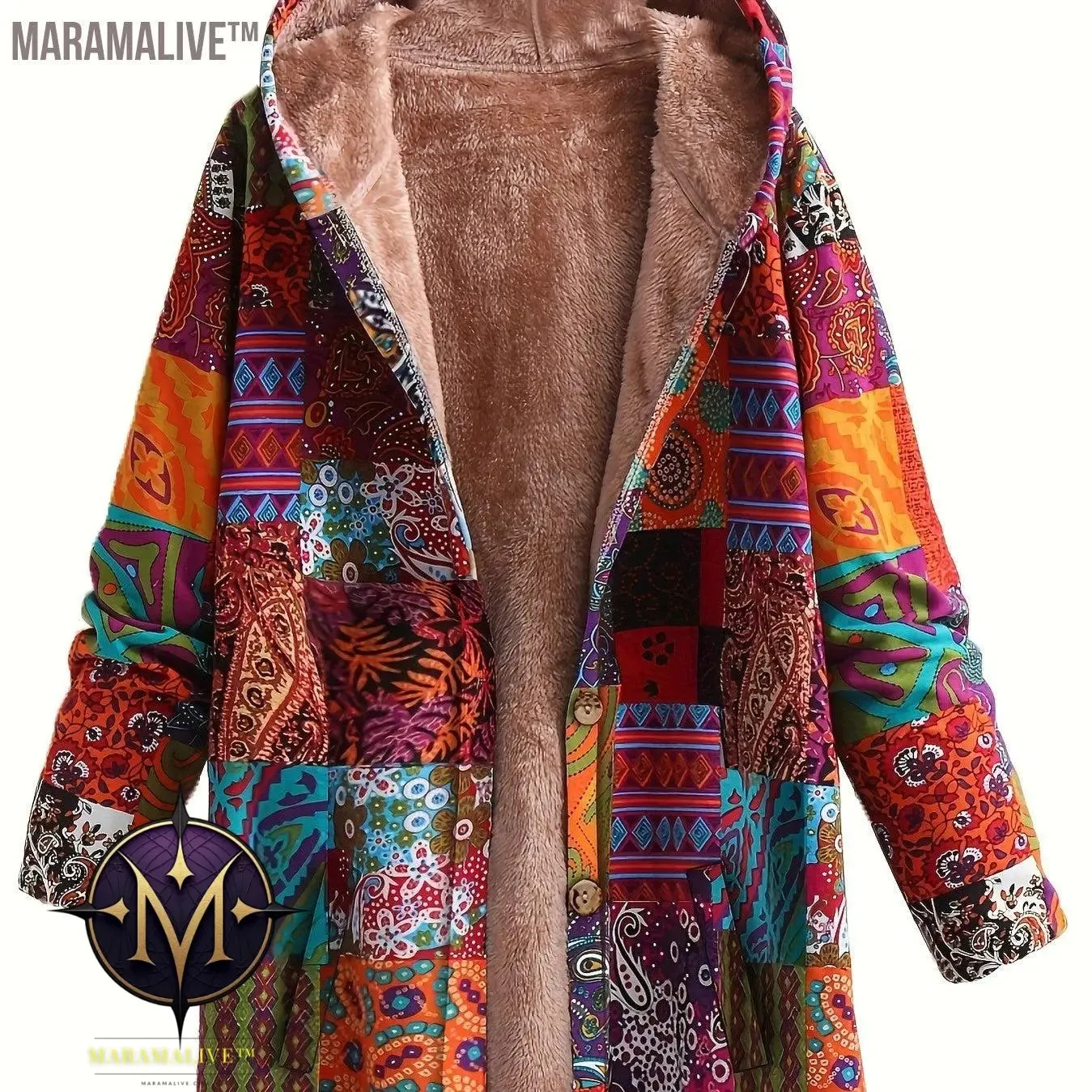 Plus Size Boho Coat, Women's Plus Patchwork Print Liner Fleece Long Sleeve Button Up Hooded Tunic Coat With Pockets