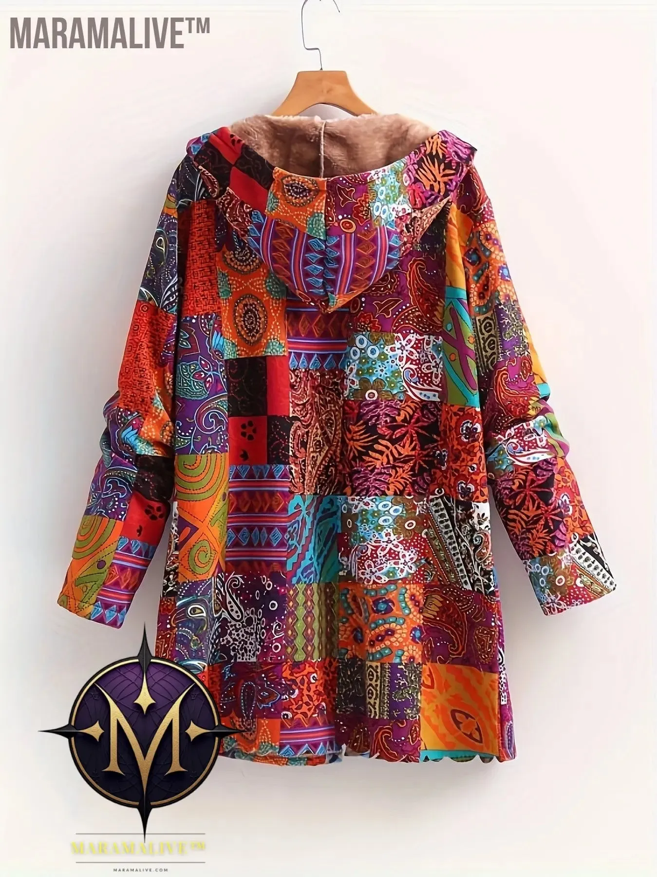 Plus Size Boho Coat, Women's Plus Patchwork Print Liner Fleece Long Sleeve Button Up Hooded Tunic Coat With Pockets