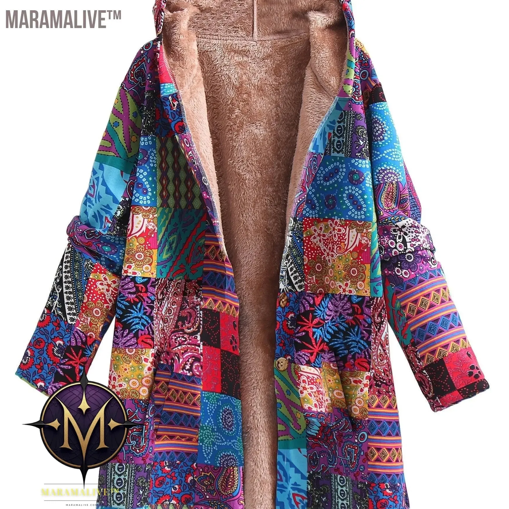 Plus Size Boho Coat, Women's Plus Patchwork Print Liner Fleece Long Sleeve Button Up Hooded Tunic Coat With Pockets