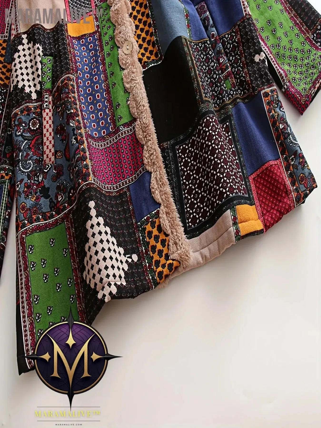 Plus Size Boho Coat, Women's Plus Patchwork Print Liner Fleece Long Sleeve Button Up Hooded Tunic Coat With Pockets