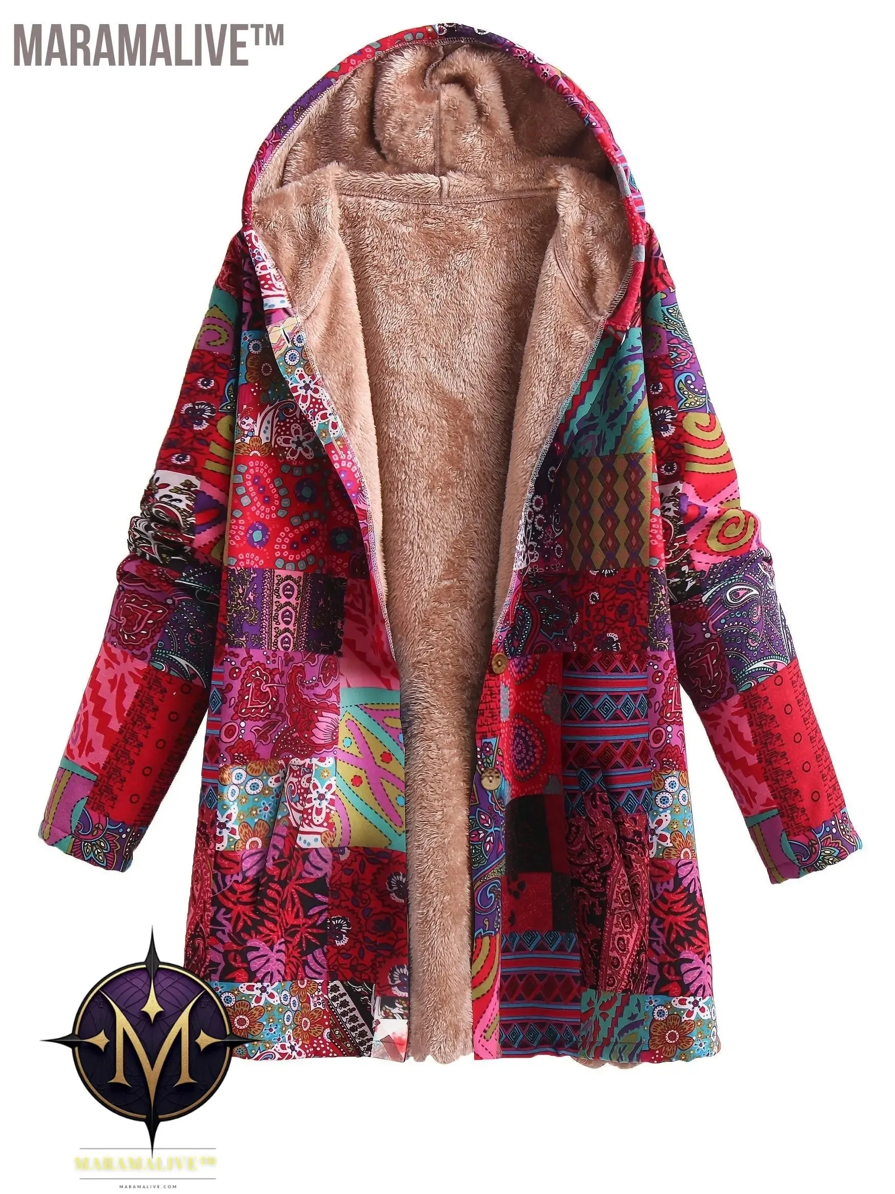 Plus Size Boho Coat, Women's Plus Patchwork Print Liner Fleece Long Sleeve Button Up Hooded Tunic Coat With Pockets