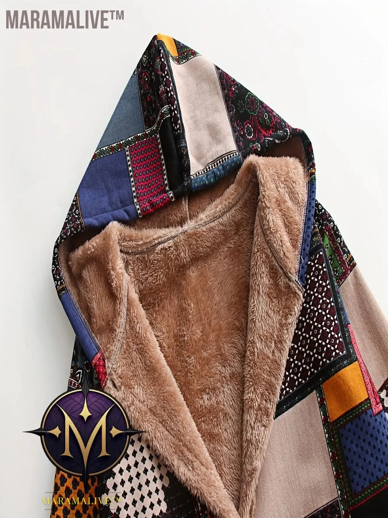 Plus Size Boho Coat, Women's Plus Patchwork Print Liner Fleece Long Sleeve Button Up Hooded Tunic Coat With Pockets