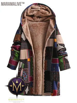 Plus Size Boho Coat, Women's Plus Patchwork Print Liner Fleece Long Sleeve Button Up Hooded Tunic Coat With Pockets