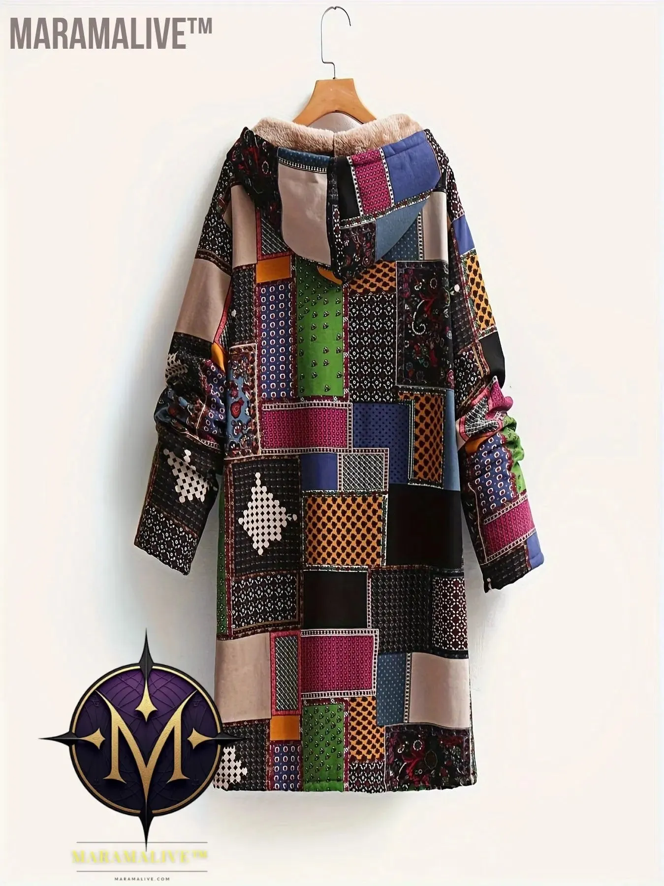 Plus Size Boho Coat, Women's Plus Patchwork Print Liner Fleece Long Sleeve Button Up Hooded Tunic Coat With Pockets