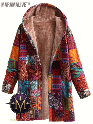 Plus Size Boho Coat, Women's Plus Patchwork Print Liner Fleece Long Sleeve Button Up Hooded Tunic Coat With Pockets