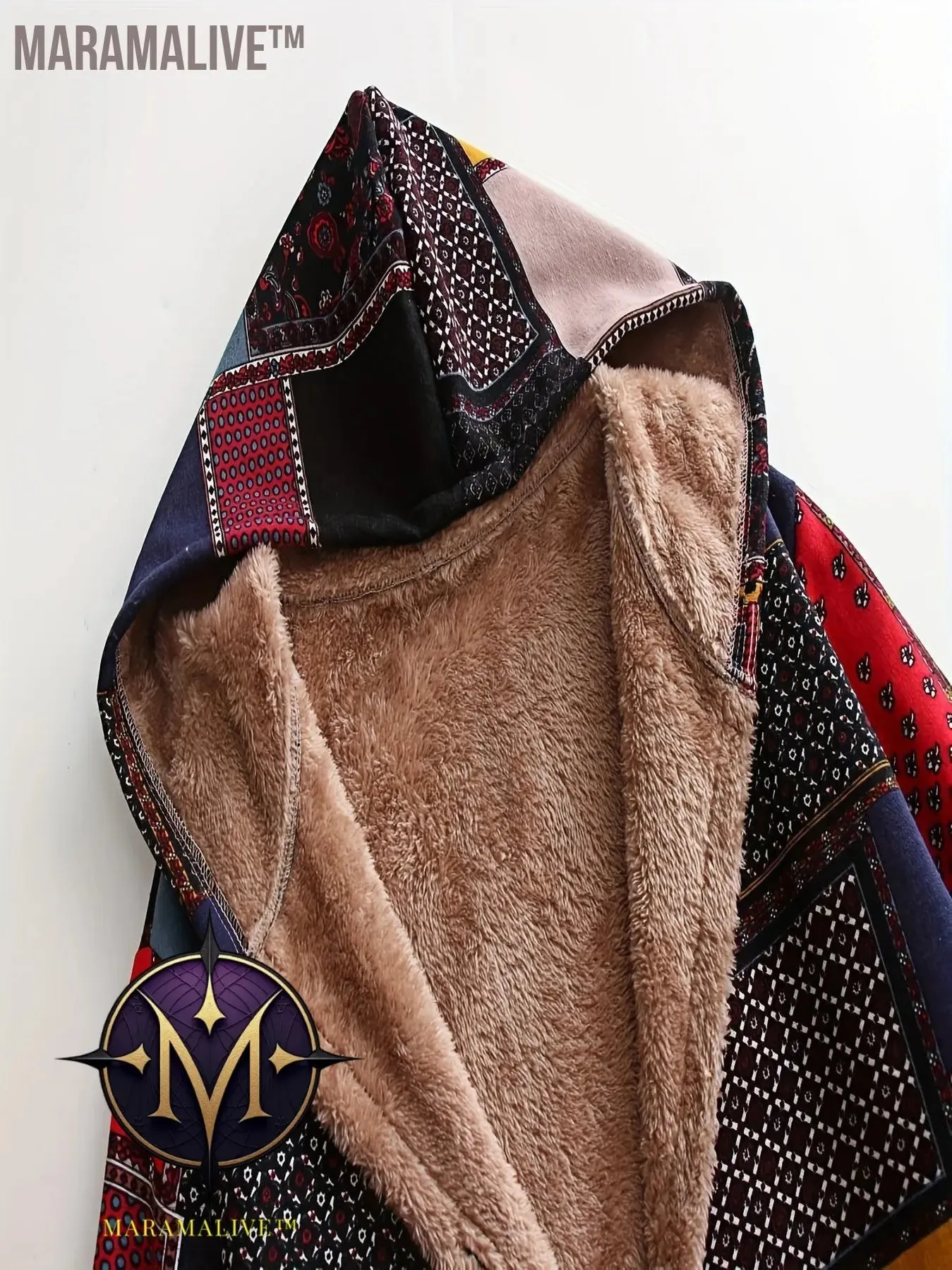 Plus Size Boho Coat, Women's Plus Patchwork Print Liner Fleece Long Sleeve Button Up Hooded Tunic Coat With Pockets