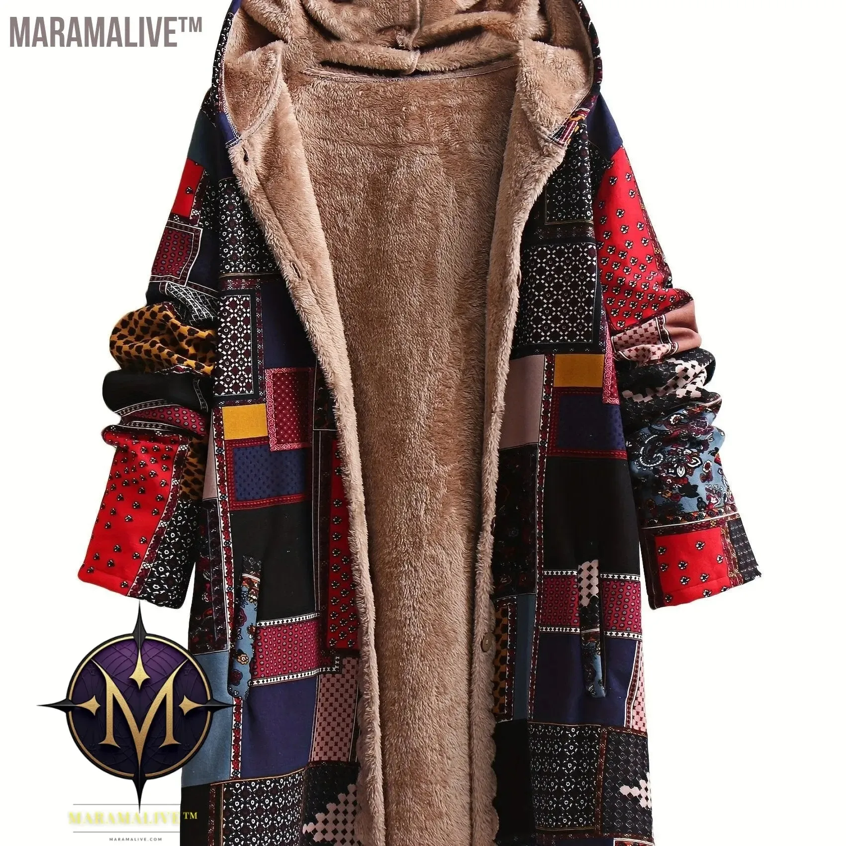 Plus Size Boho Coat, Women's Plus Patchwork Print Liner Fleece Long Sleeve Button Up Hooded Tunic Coat With Pockets