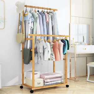 Portable Rolling Clothes Rack Bamboo Kids Clothes Storage Rack for Hanging Clothes