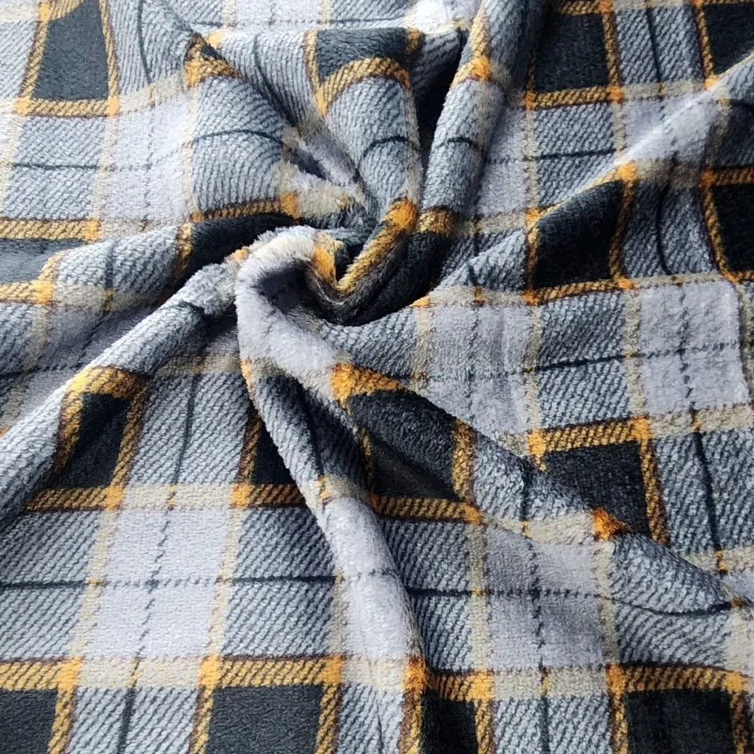 Printed Mongolian Fleece Fabric Grey/Orange Check 150 cm