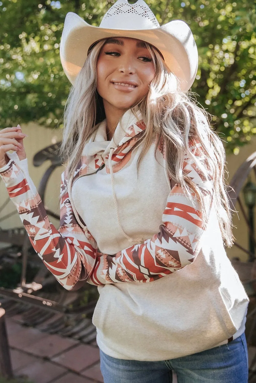 Printed Western Aztec Print Patchwork Double Hood Hoodie