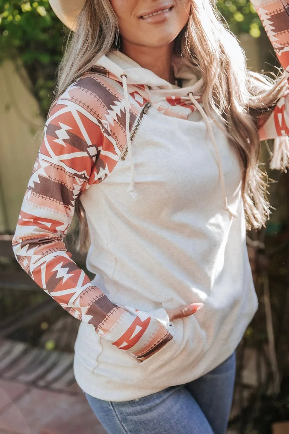 Printed Western Aztec Print Patchwork Double Hood Hoodie