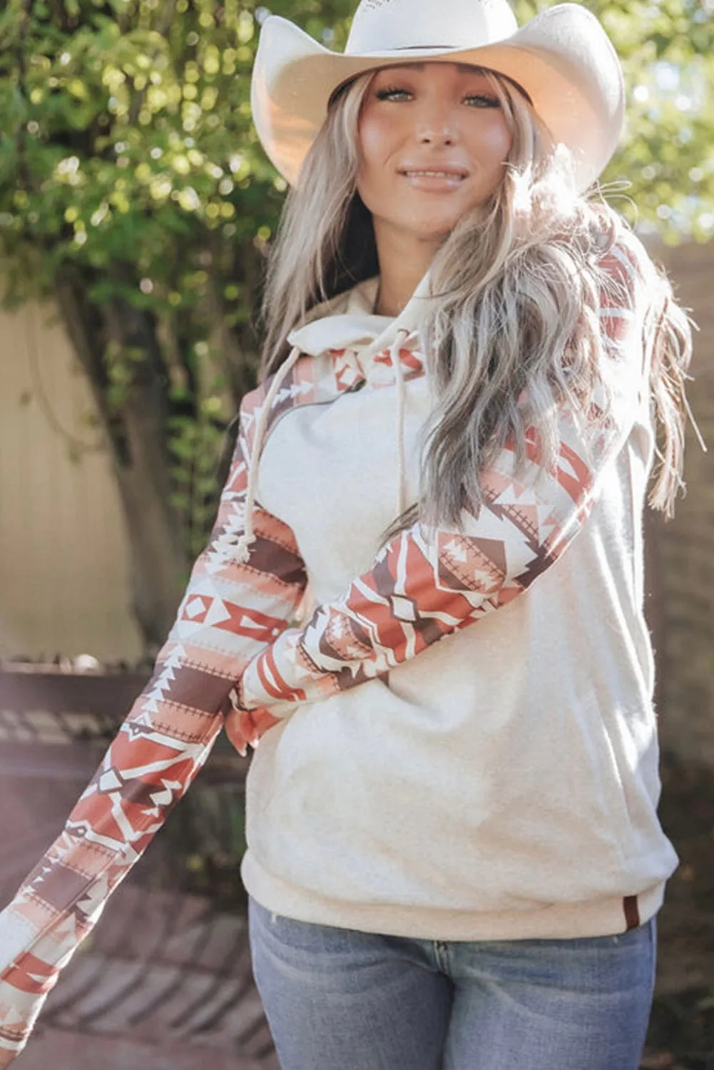 Printed Western Aztec Print Patchwork Double Hood Hoodie