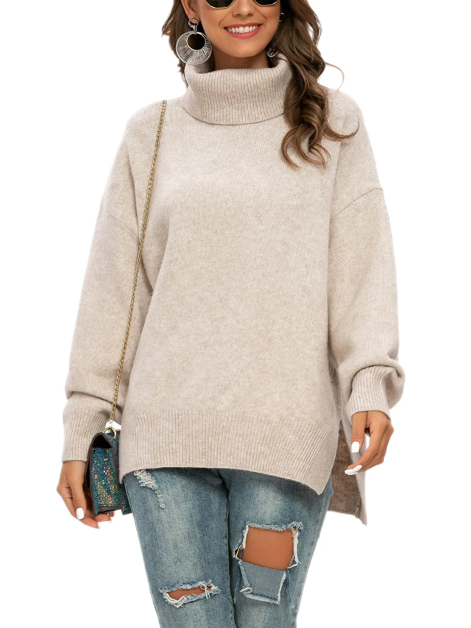 Pulllover Side Slit Turtle Neck Sweater